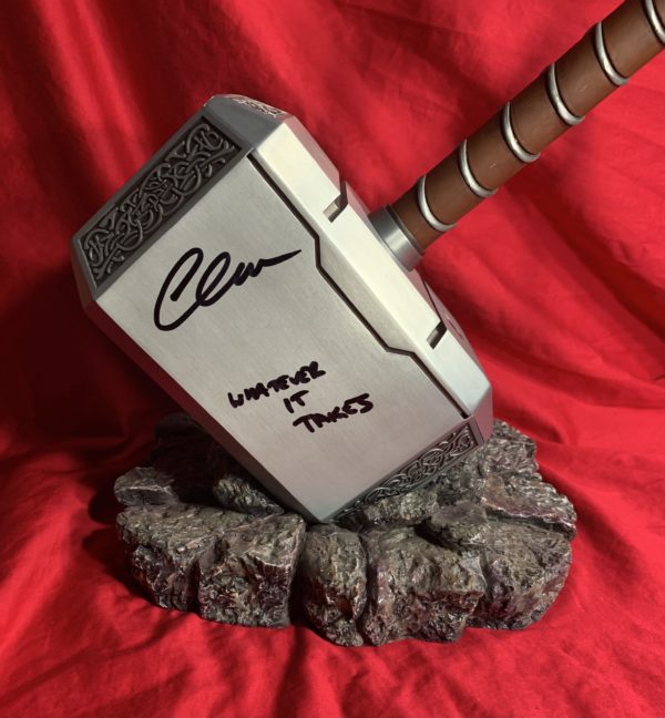 LAST ONE!!!~ MASTERGOSWORDS MJOLNIR (THOR HAMMER) SIGNED BY CHRIS EVANS WITH “WHATEVER IT TAKES” INSCRIPTION+ SIGNED BY CHRIS HEMSWORTH WITH “THOR” CHARACTER NAME+BAS WITNESSED COA