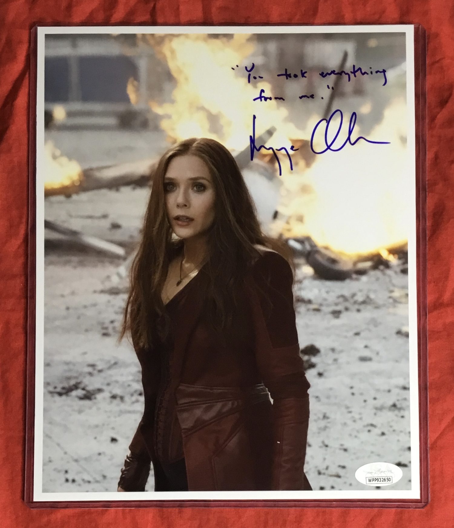 Scarlet Witch 8x10 color photo signed by Elizabeth Olsen with “You took everything from me” quote + JSA COA