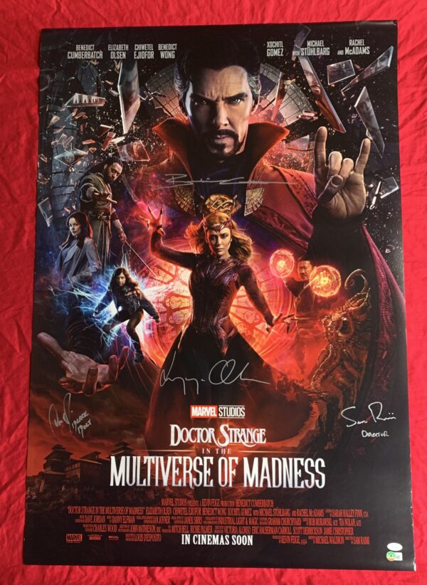 IN STOCK~Doctor Strange In The Multiverse of Madness Original Theatrical Double Sided Poster (INTL)~SIGNED by Elizabeth Olsen (completed) & Anson Mount with “Black Bolt” character name (completed) & Sam Raimi with “Director” inscription (completed) & Benedict Cumberbatch (completed)~Beckett COA & JSA COA and return USA shipping included