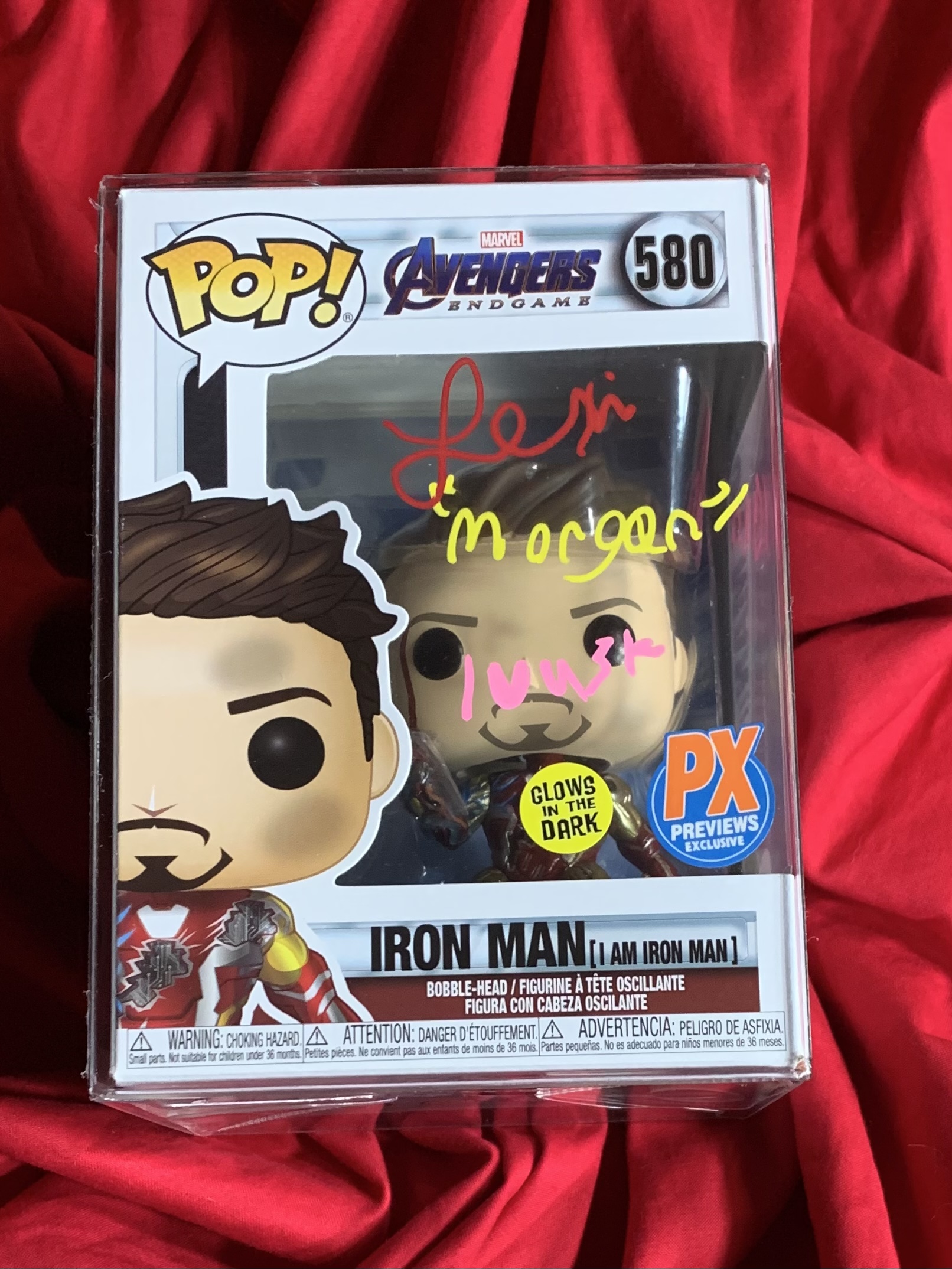 Avengers Endgame~Iron Man (I am Man)~Funko Pop #580 (PX glow in the dark edition)~Signed by Lexi with “Morgan” and quote “I love (heart) you 3k.” Includes JSA COA and USA