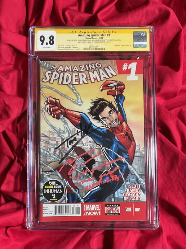 ONLY ONE!!!~CGC SS 9.8~The Amazing Spider-Man #1 (1st appearance of Cindy Moon)~Signed by Andrew Garfield plus “With Great Power Comes Great Responsibility” movie quote AND signed by Tom Holland~USA shipping FREE