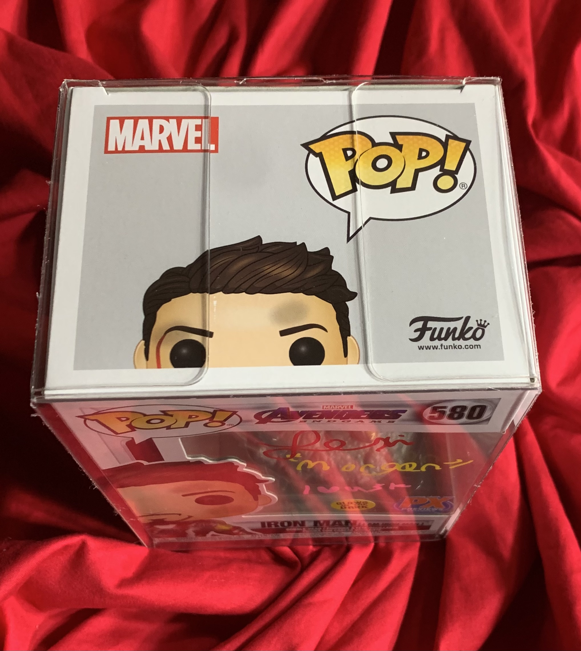 Avengers Endgame~Iron Man (I am Iron Man)~Funko Pop #580 (PX glow in the  dark edition)~Signed by Lexi Rabe with “Morgan” and quote “I love (heart)  you 3k.” Includes JSA COA and USA