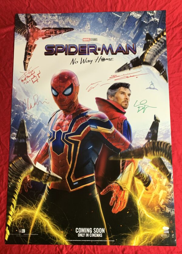IN STOCK~Spider-Man No Way Home~Original 27x40 Theatrical Double Sided (DS) Movie Poster~Signed by Andrew Garfield (completed), Willem DaFoe (completed), Marisa Tomei (completed), Charlie Cox with “Matt Murdock” character name & “I’m a really good lawyer” quote (completed) & Benedict Cumberbatch (completed)~International B~Includes BAS Witnessed COA+Celebrity Authentics COA+Official Pix COA+JSA COA~USA return shipping included