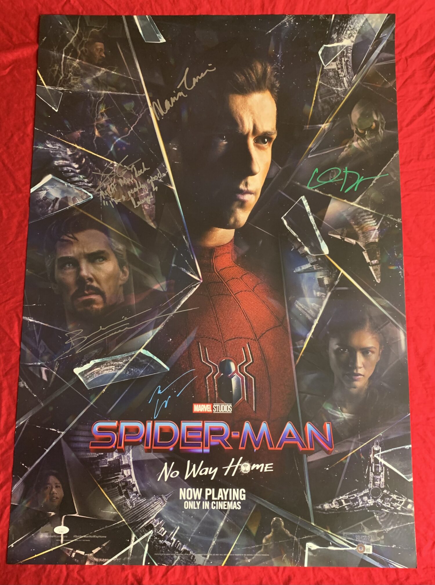 IN STOCK~Spider-Man No Way Home~Original 27x40 Theatrical Double Sided (DS) Movie Poster~Signed by Andrew Garfield & Signed by Willem DaFoe & signed by Marisa Tomei & signed by Charlie Cox with “Matt Murdock” character name inscription AND “I’m a really good lawyer” quote inscription & signed by Benedict Cumberbatch~International F~Includes BAS Witnessed COA & JSA COA & Official Pix COA & Celebrity Authentics COA & USA return shipping included - Image 11