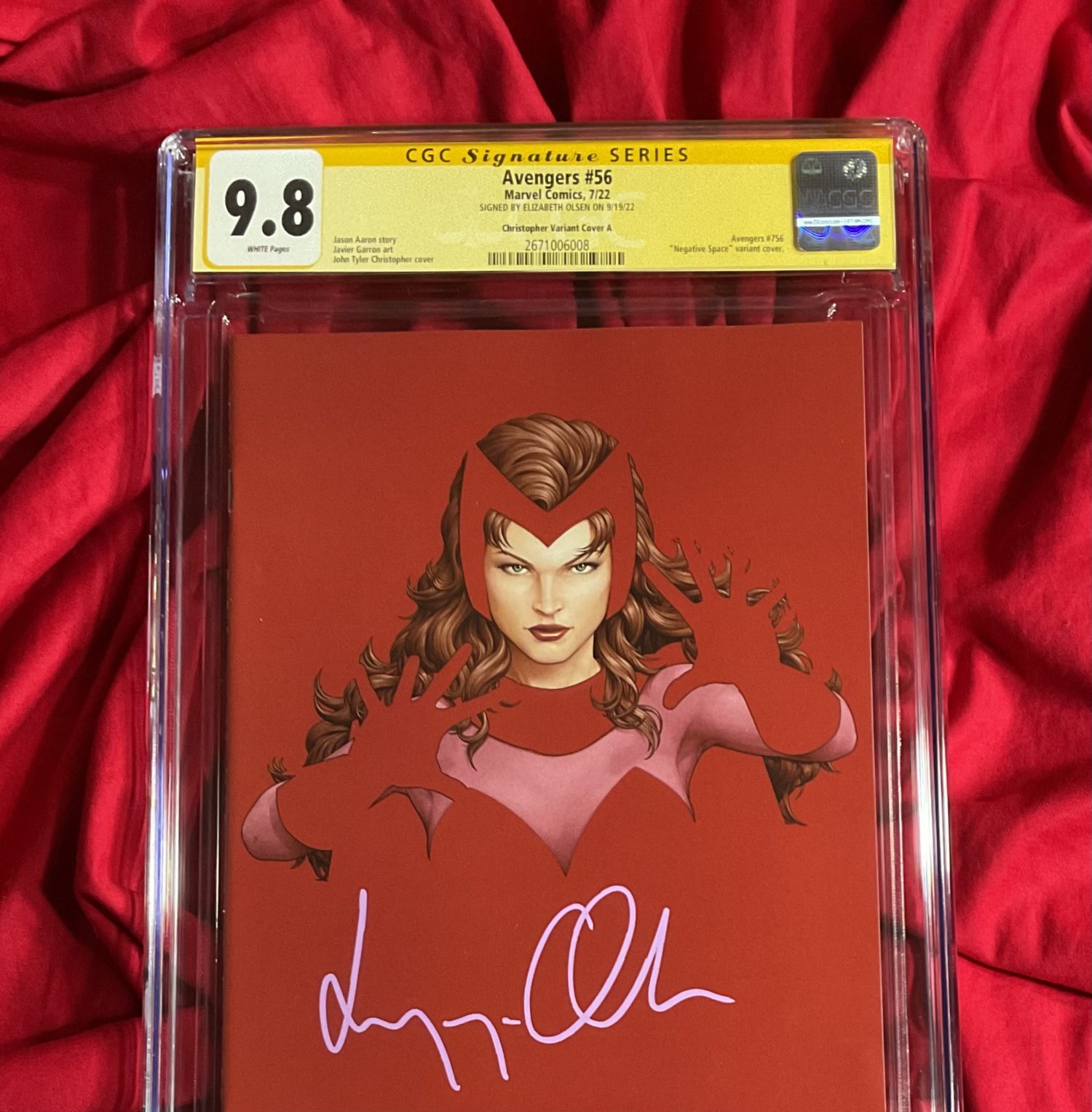 IN STOCK:  CGC SS 9.8~Avengers #56 John Tyler Christopher (JTC) Exclusive Scarlet Witch Negative Space Variant Edition (Cover A)~Signed by Elizabeth Olsen (Purple) - Image 2