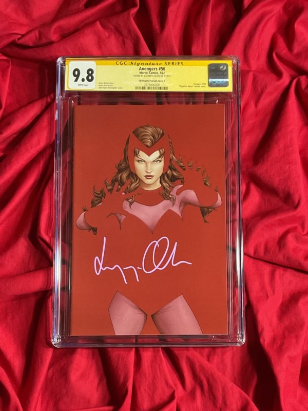 IN STOCK:  CGC SS 9.8~Avengers #56 John Tyler Christopher (JTC) Exclusive Scarlet Witch Negative Space Variant Edition (Cover A)~Signed by Elizabeth Olsen (Purple)