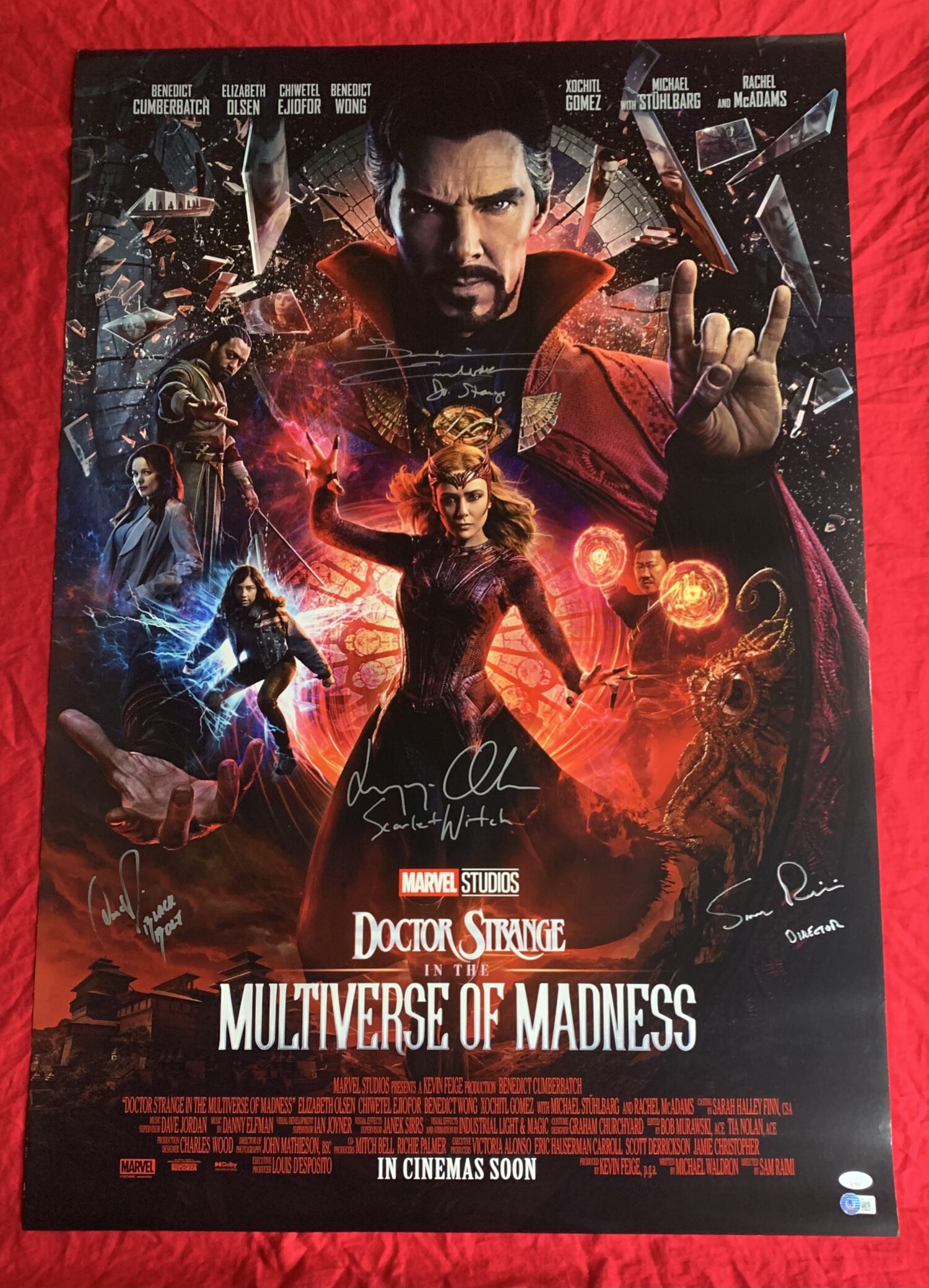 IN STOCK~Doctor Strange In The Multiverse of Madness Original Theatrical Double Sided Poster (INTL)~SIGNED by Elizabeth Olsen with “Scarlet Witch” character name (completed) & Anson Mount (with “Black Bolt” character name inscription) (completed) & Sam Raimi (with “Director” inscription) (completed) Benedict Cumberbatch (with “Dr. Strange” character name) (completed)~Beckett COA & JSA COA and return USA shipping included