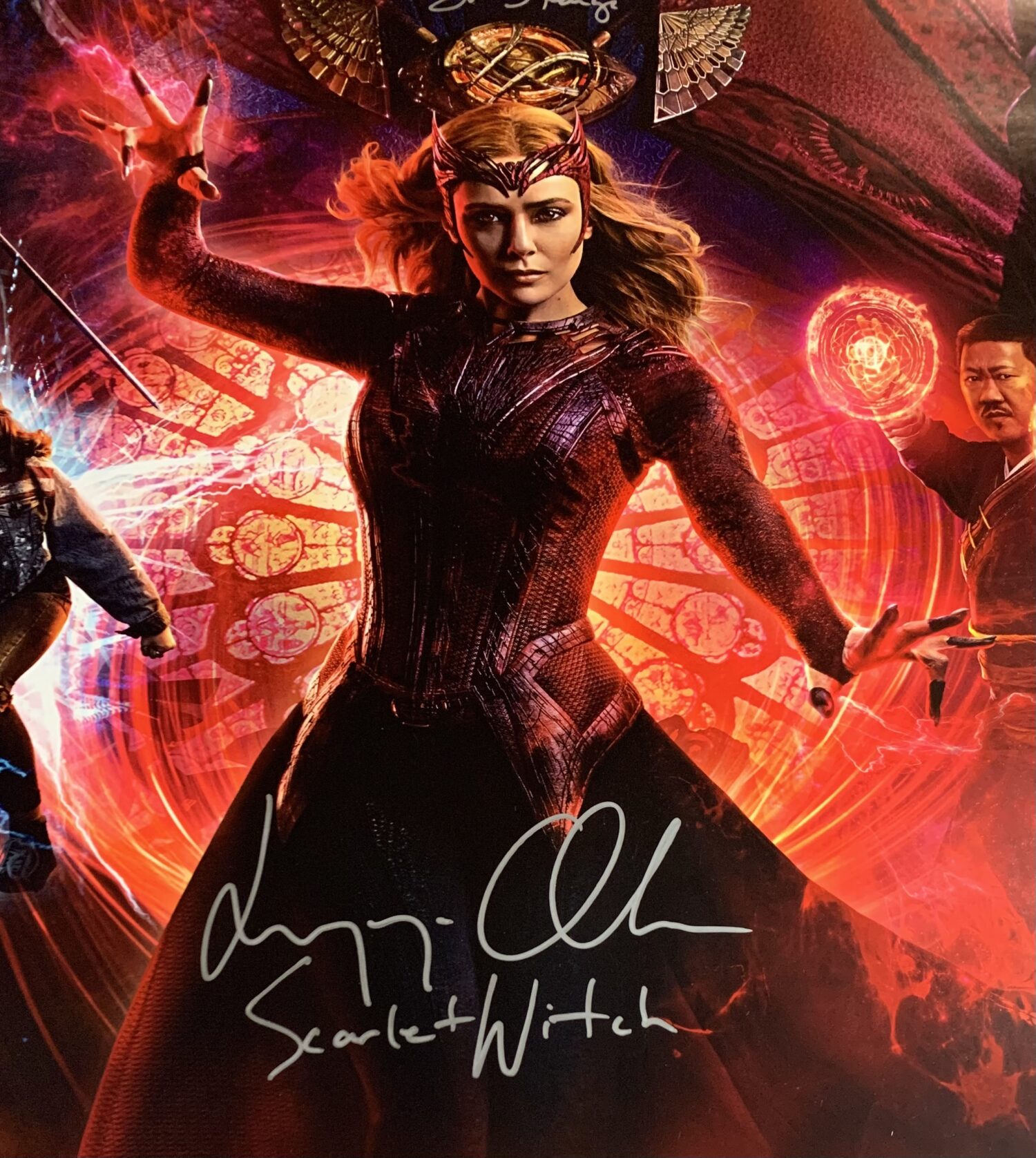 IN STOCK~Doctor Strange In The Multiverse of Madness Original Theatrical Double Sided Poster (INTL)~SIGNED by Elizabeth Olsen with “Scarlet Witch” character name (completed) & Anson Mount (with “Black Bolt” character name inscription) (completed) & Sam Raimi (with “Director” inscription) (completed) Benedict Cumberbatch (with “Dr. Strange” character name) (completed)~Beckett COA & JSA COA and return USA shipping included - Image 6