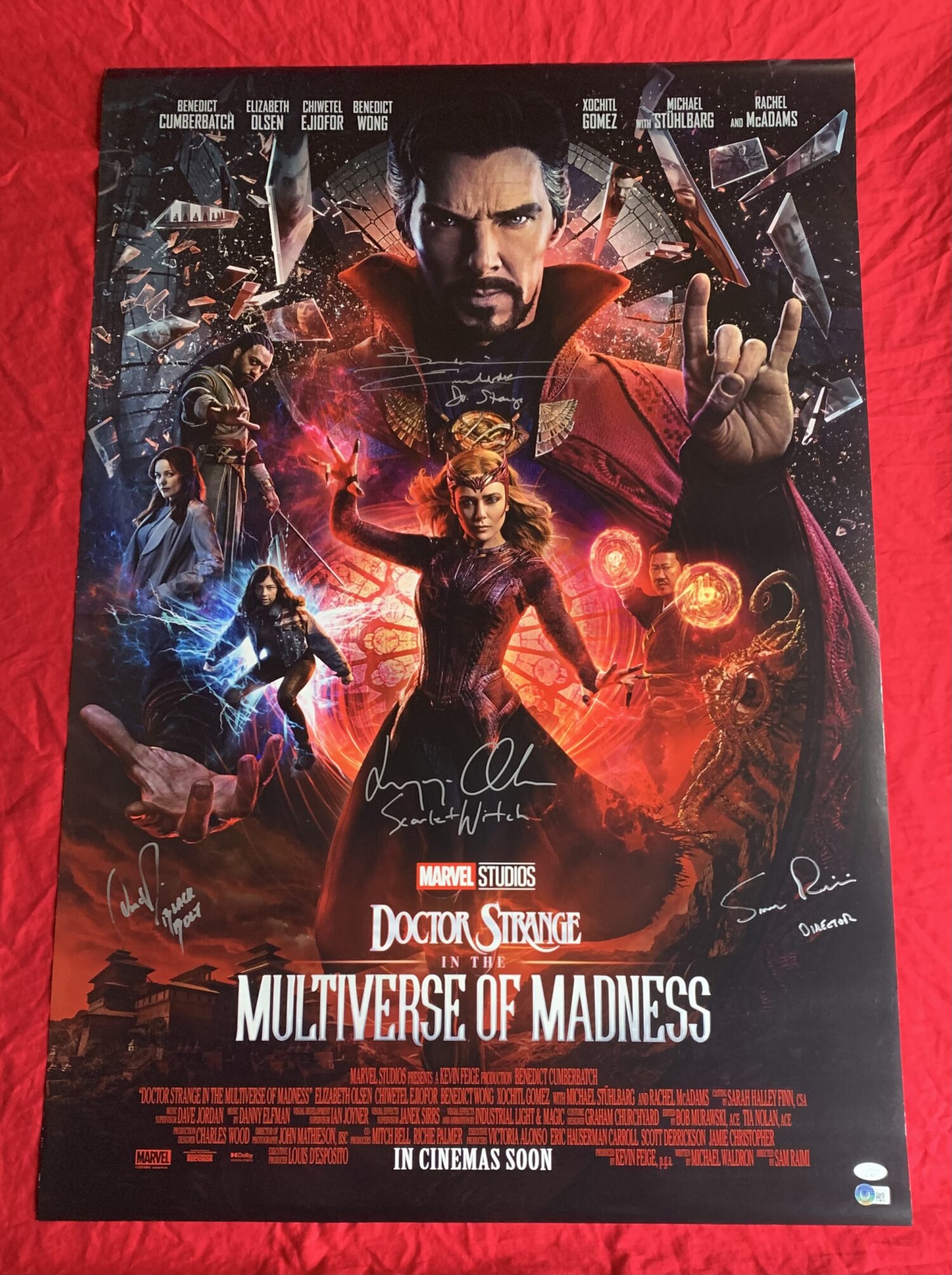IN STOCK~Doctor Strange In The Multiverse of Madness Original Theatrical Double Sided Poster (INTL)~SIGNED by Elizabeth Olsen with “Scarlet Witch” character name (completed) & Anson Mount (with “Black Bolt” character name inscription) (completed) & Sam Raimi (with “Director” inscription) (completed) Benedict Cumberbatch (with “Dr. Strange” character name) (completed)~Beckett COA & JSA COA and return USA shipping included - Image 8