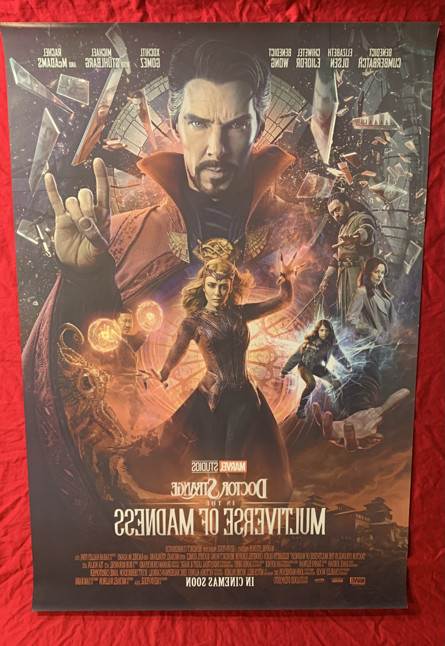 IN STOCK~Doctor Strange In The Multiverse of Madness Original Theatrical Double Sided Poster (INTL)~SIGNED by Elizabeth Olsen with “Scarlet Witch” character name (completed) & Anson Mount (with “Black Bolt” character name inscription) (completed) & Sam Raimi (with “Director” inscription) (completed) Benedict Cumberbatch (with “Dr. Strange” character name) (completed)~Beckett COA & JSA COA and return USA shipping included - Image 9