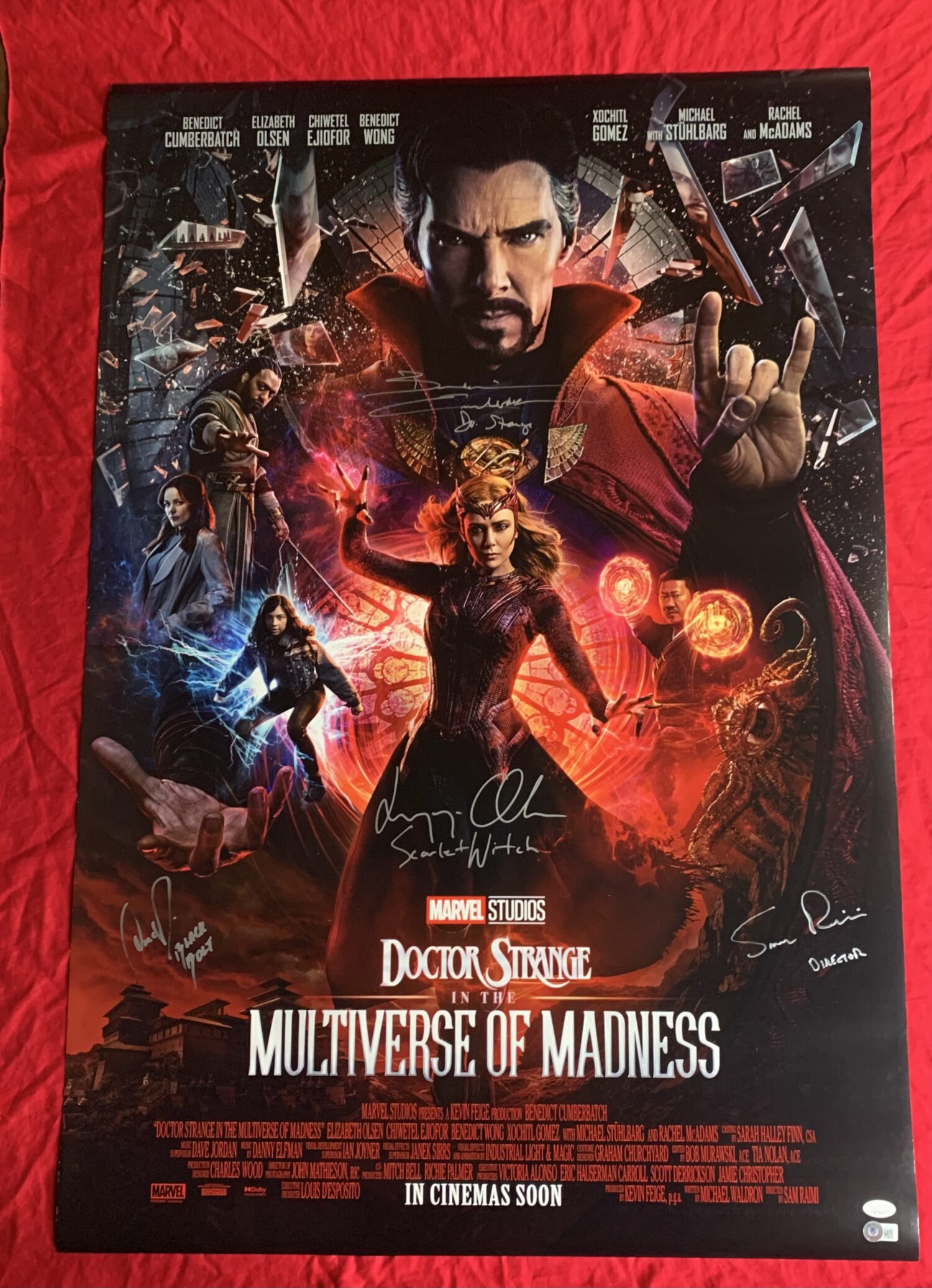 IN STOCK~Doctor Strange In The Multiverse of Madness Original Theatrical Double Sided Poster (INTL)~SIGNED by Elizabeth Olsen with “Scarlet Witch” character name (completed) & Anson Mount (with “Black Bolt” character name inscription) (completed) & Sam Raimi (with “Director” inscription) (completed) Benedict Cumberbatch (with “Dr. Strange” character name) (completed)~Beckett COA & JSA COA and return USA shipping included - Image 10