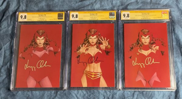 IN STOCK:  CGC SS 9.8~Avengers #56 John Tyler Christopher (JTC) Exclusive Scarlet Witch Negative Space Variant Edition (Cover A,B,C FULL SET)~EACH Signed by Elizabeth Olsen AND cover artist John Tyler Christopher