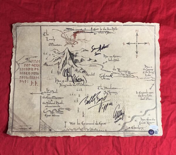 IN STOCK~Map of Middle Earth~SIGNED by Elijah Wood (with character name)+Sean Astin (with character name)+Billy Boyd (with character name)+Dominic Monaghan (with character name)+Evangeline Lilly (with character name)+Benedict Cumberbatch+JSA & BAS COA
