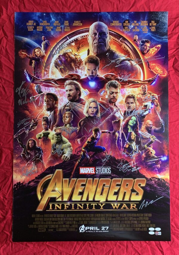 Infinity War DS Authentic Movie Poster signed by Chris Pratt+Chris Hemsworth+Josh Brolin + Paul Bettany + Elizabeth Olsen + Karen Gillan + Anthony Mackie with “Falcon” inscription + Chris Evans with “Cap” inscription + Tom Hiddleston + Don Cheadle with “WM” inscription + Danai Gurira + Mark Ruffalo + Sebastian Stan + Tom Holland + Peter Dinklage + Benedict Cumberbatch + JSA WPP COA + BAS COA